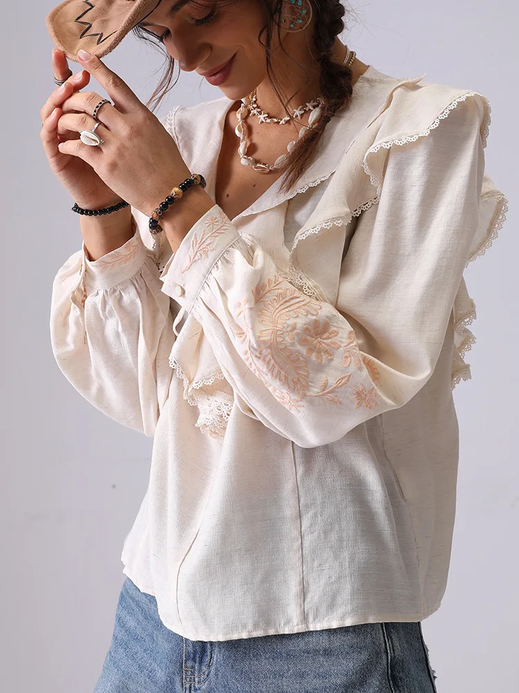 French Embroidered Shirt Blouses Women 2025 Spring And Summer Apricot Long-sleeve Lace-up V-neck Ruffle Top