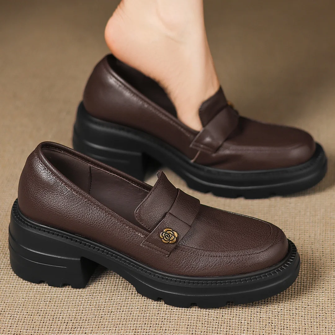 

Women's sheepskin round toe slip-on loafers 6cm chunky heel platform casual female high quality soft comfortable moccasins shoes