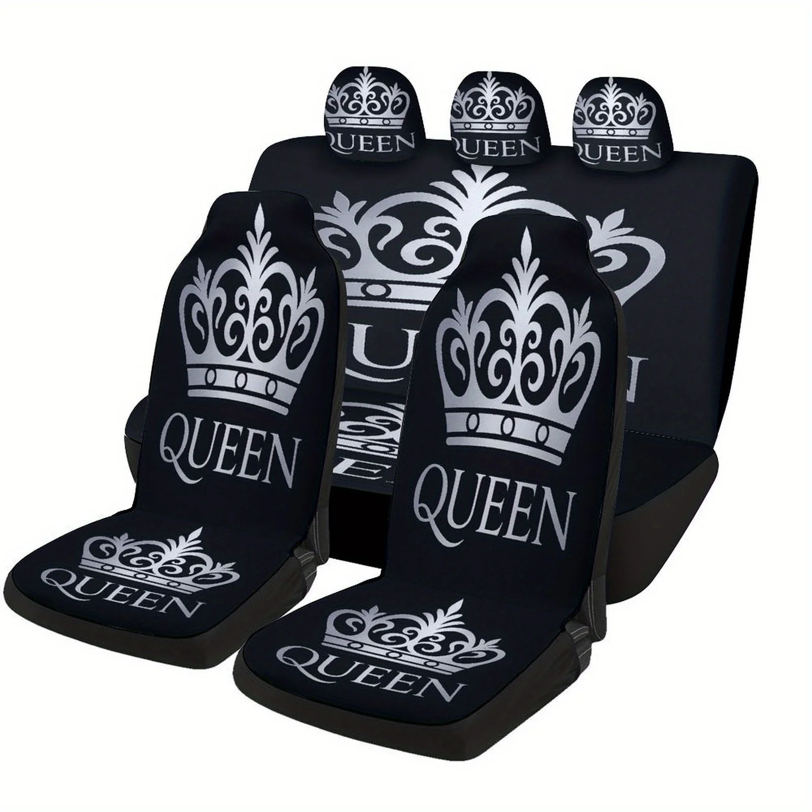 

Silvery Crown Queen Designed Car Seat Cover Set For Most Cars, Decorative Fashionable High-quality Car Seat Protector Covers Ful