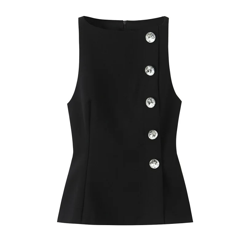 

Autumn Sleeveless Jewelry Buttons Decoration Vest Tops Women Back Zipper Suspender Tops Female Casual Wear 2025 New