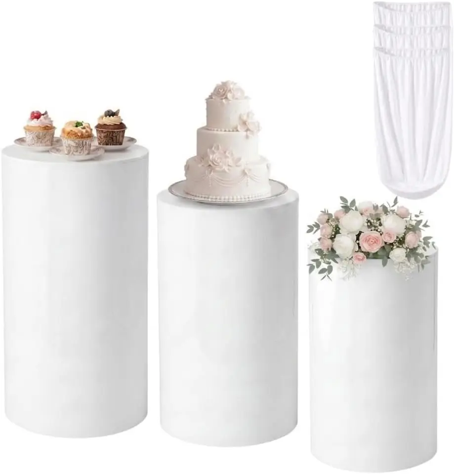 3-Piece Cylinder Pedestal Stand Set for Parties with White Spandex Covers