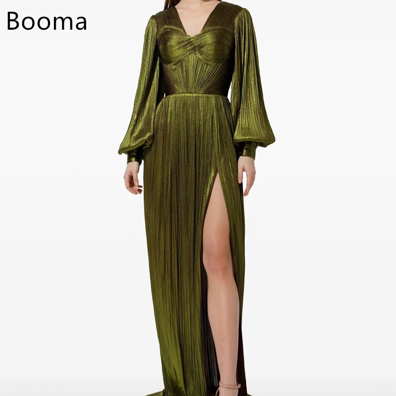 Booma فساتين أنيقة على شكل حرف v وأكمام طويلة على شكل حرف a رداء حفلات رسمي للنساء فتحة جانبية فستان حفلات لامع تخصيص 2025