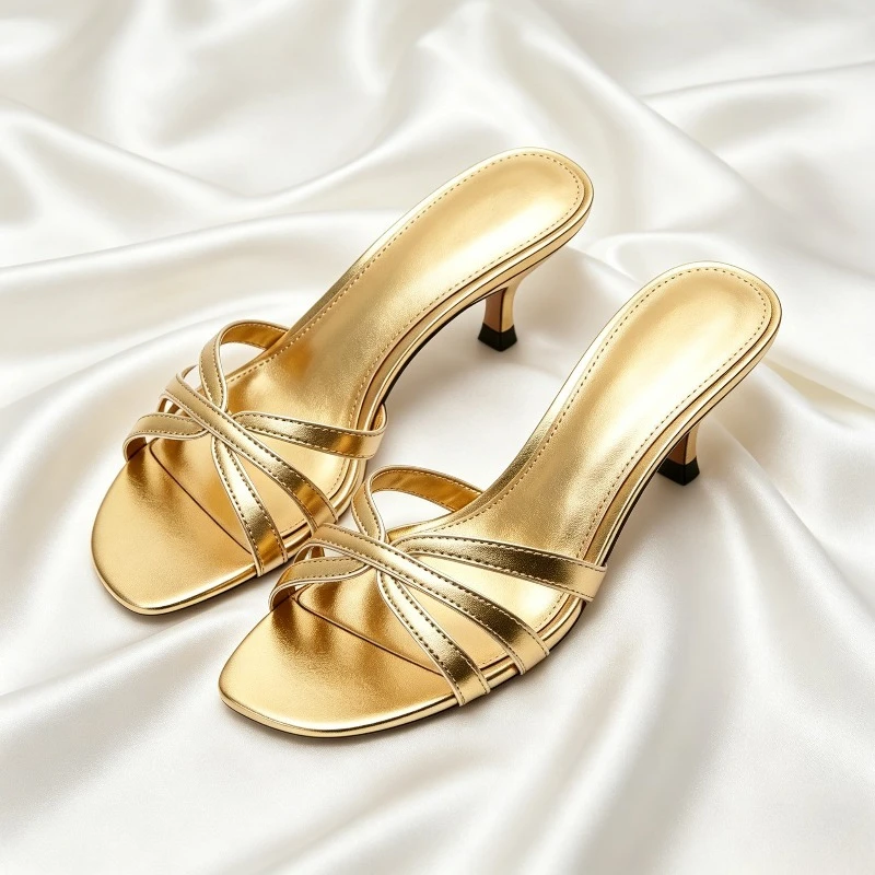 

Gold Weave Kitten Heel Women Slipper Open-toe Designer Women Sandals Summer 2026 Leisure Luxury Beach Slides Sandalias De Mujer