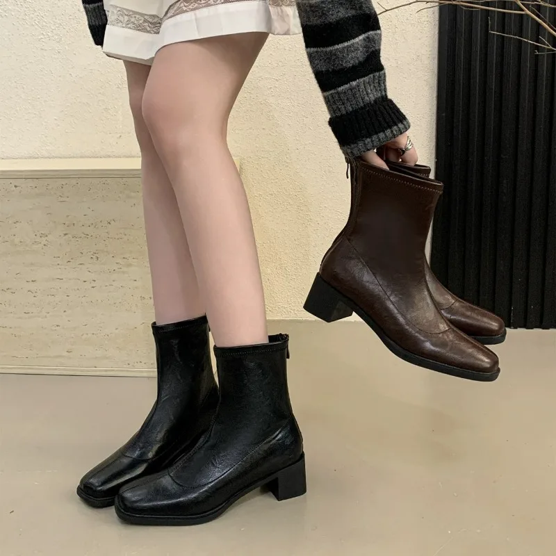 Soft Leather Square Toe Zipper Booties Fashion Soft Sole Anti-slip Wear-resistant Block Heel Women's Shoes