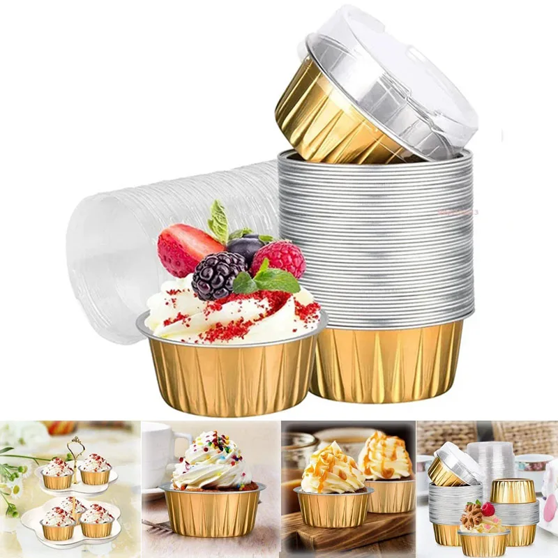 50/100/150/200 Uds. Tazas de pastel de papel de aluminio con tapas, productos para hornear domésticos multiusos y no deformables para hornear