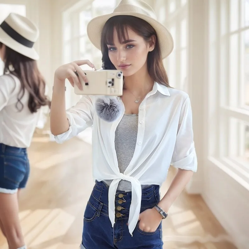

Summer Short Sleeved Polo Collar Solid Perspective Women's Sun Protection Shirt Casual Lace Up Versatile Chiffon Cardigan 7099
