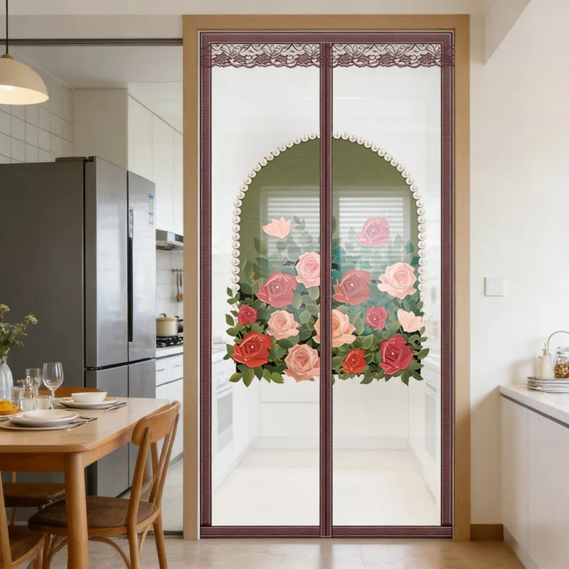 Pink Red Rose Floral Printed Magnetic Thermal Insulated Door Curtain Frosted Privacy Partition for Summer AC Room Winter Use