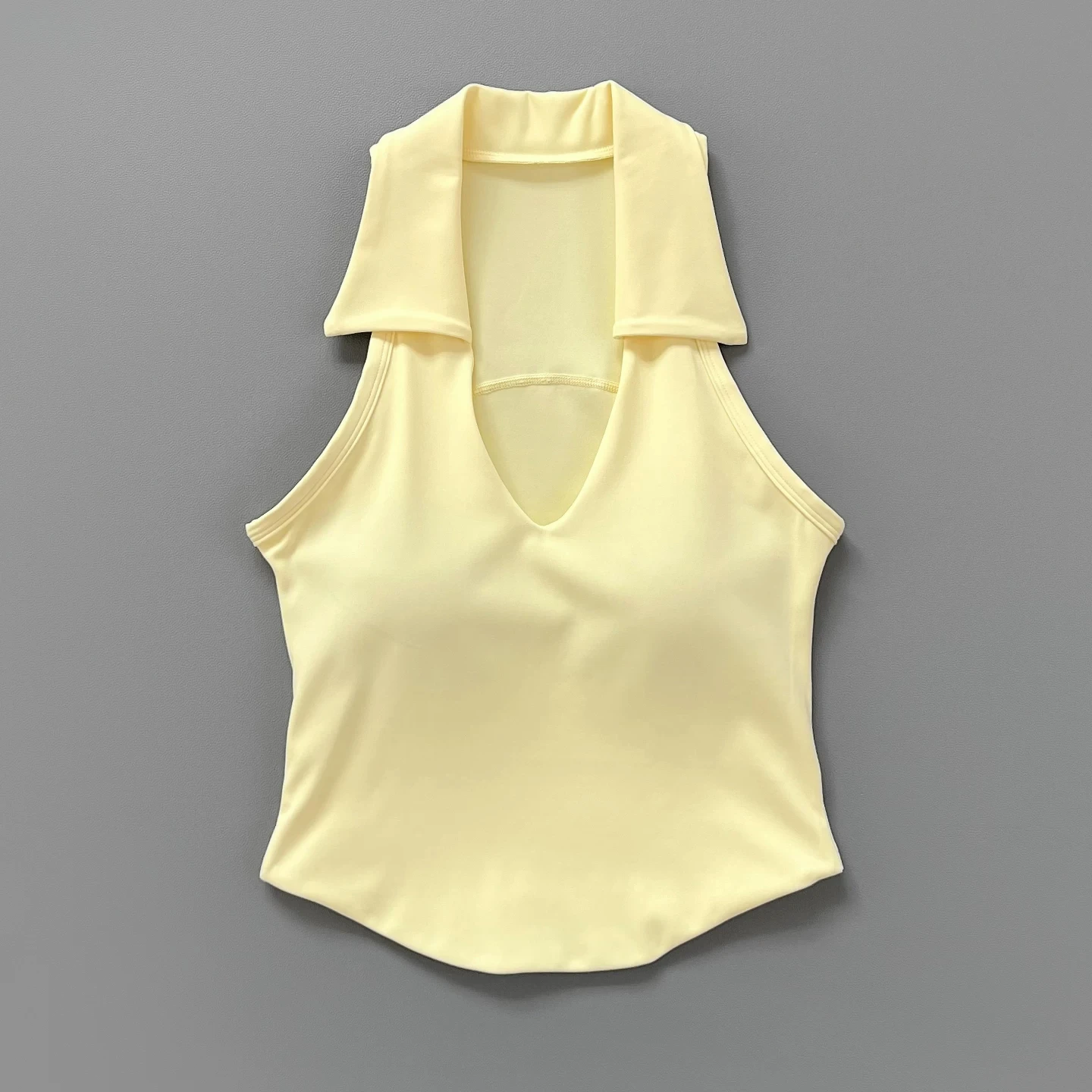 Women Lapel V Neck Sleeveless Yoga Tank Top Built-in Pads Slim Fit Workout Vest Gym Running Fitness Camisole