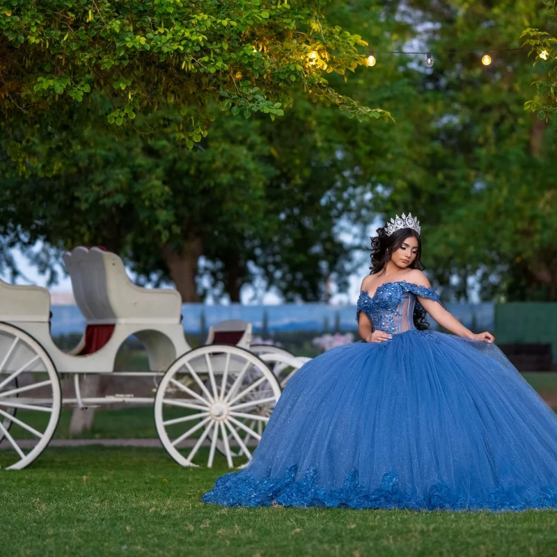 

Simple Blue Quinceanera Dress off-shoulder Glitter Crystal Decal Long tail vestidos de 15 Quinceanera ﻿Customize