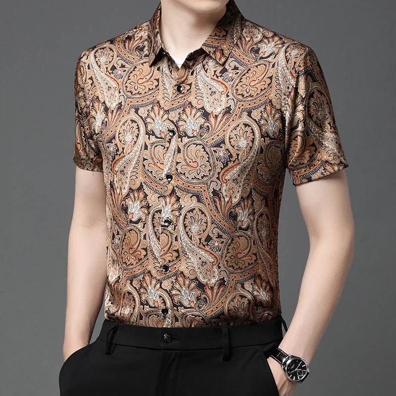 Luxury Mens Paisley Shirts 2023 Summer Printed Hawaiian Dress Beach Wear Fashionable Mens Clothing Large Sizes Blouse Baroque