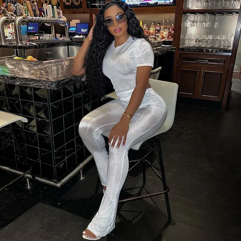 ANJAMANOR All White 2 Piece Sets Women Baddie Outfit Flare Pants and Top Matching Set Fall Stylish Clothes for Women D87-CG42