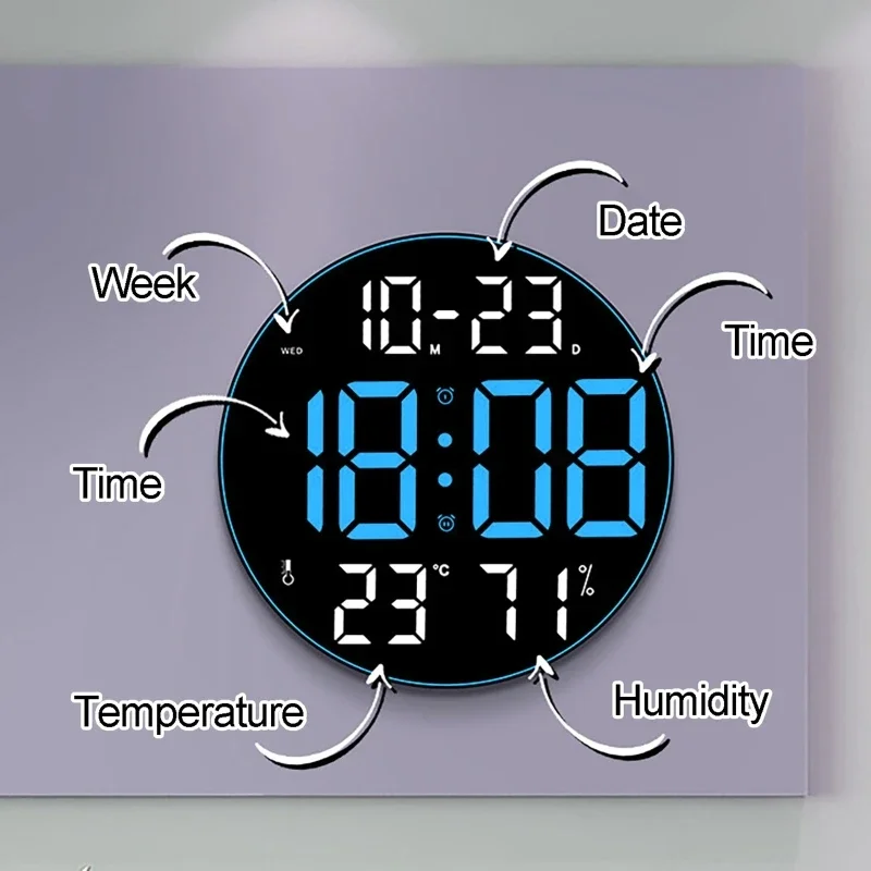 12 Inch Round Large Screen Big Digital Wall Clock LED Silent Time Week Date Temp Humidity Smart Electronic Clock Remote Control