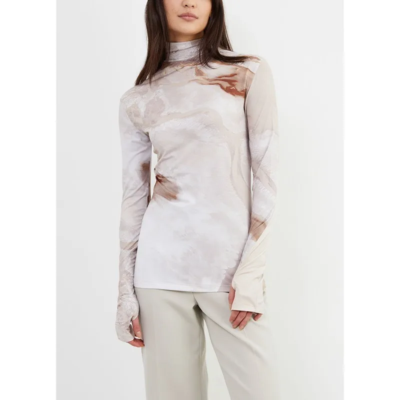 

2023 Spring and Summer Printed Turtleneck Base Shirt Women Long-sleeved Pullover Top