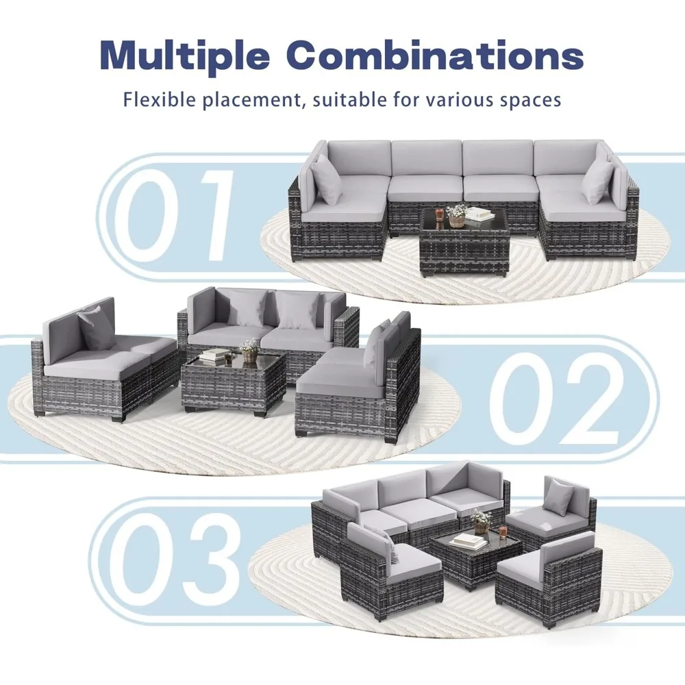 7 Piece Outdoor Patio Furniture Set, Outdoor Sectional Furniture, Rattan Chairs Glass Table Wicker Conversation Seating Sectiona