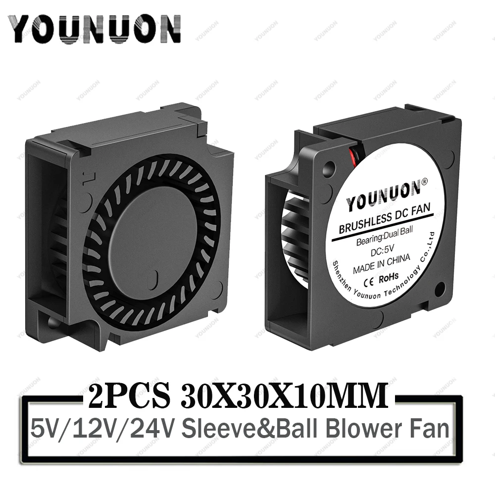 2 Pieces YOUNUON Dual Ball Bearing 30x30x10mm Blower Fan DC 5V/12V/24V 30mm 3010 Turbo Blower Cooling  Fan 3D Printer Cooler Fan