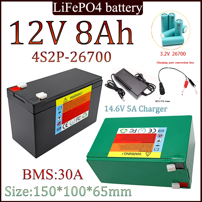 

New 12V 8Ah 26700 4S2P LiFePO4 Rechargeable Battery Pack with Built-in BMS 30A for 12V Solar Electric Vehicle Battery Duty Free