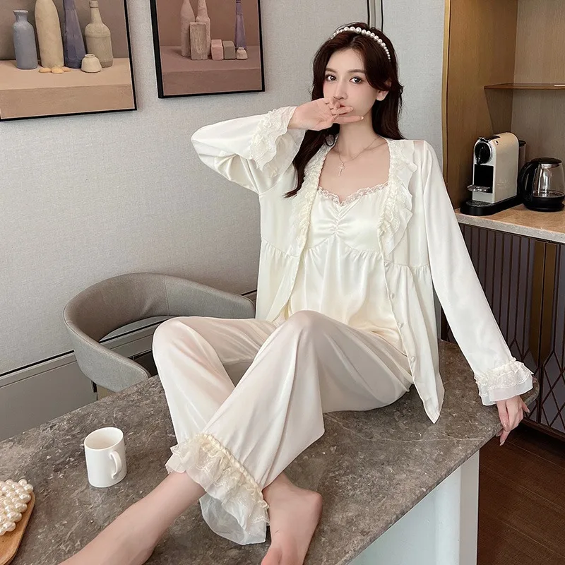 

Women's Three-piece Set Pajamas Summer Suspender Ice Snow Silk Long-sleeved Lace Cardigan Simple Thin Spring Autumn Loungewear