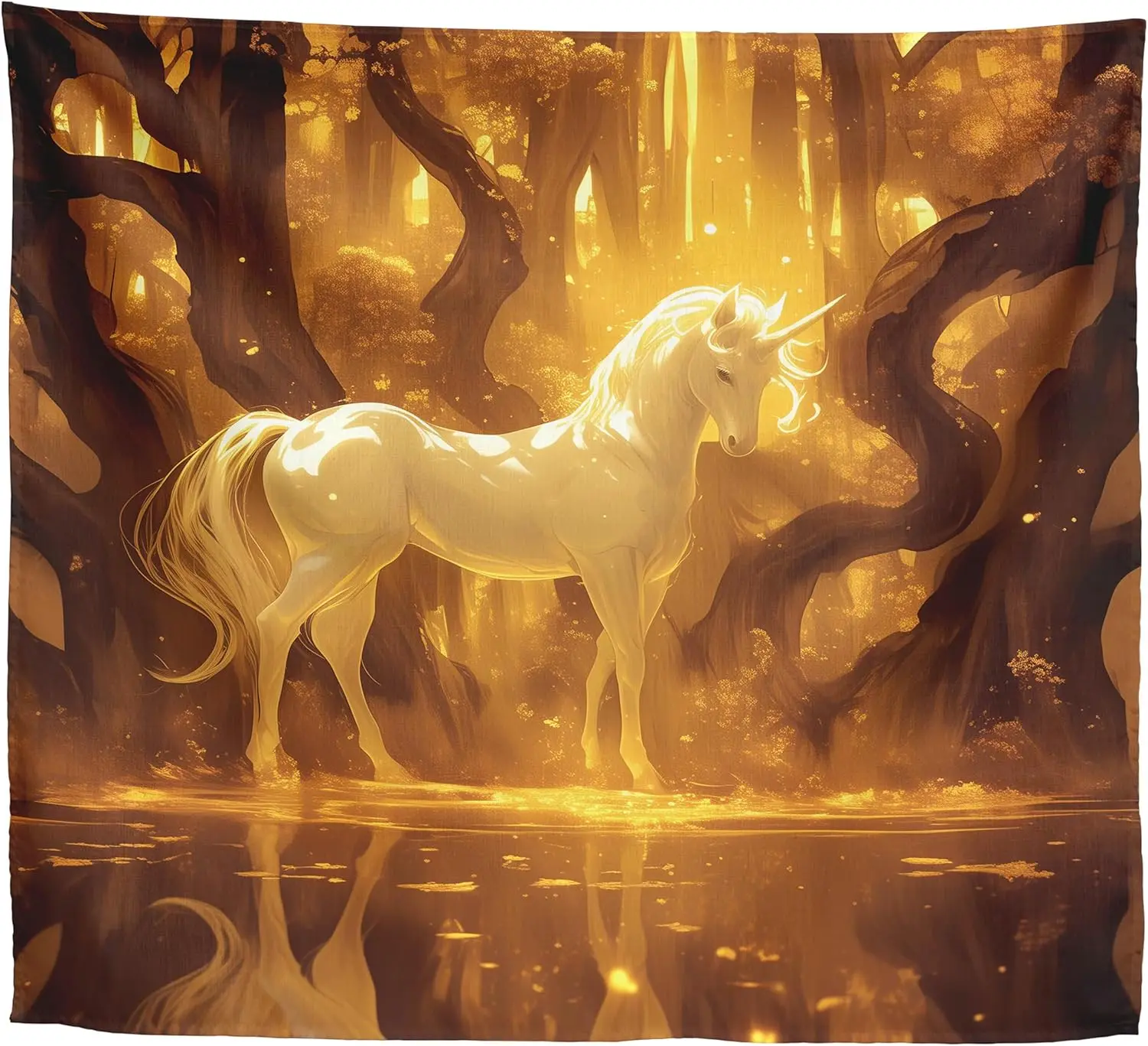 Enchanted Golden Forest Unicorn Tapestry for Reading Nook – Mystical Fantasy Animal Wall Art, Glowing Yellow Woods Wall Hanging