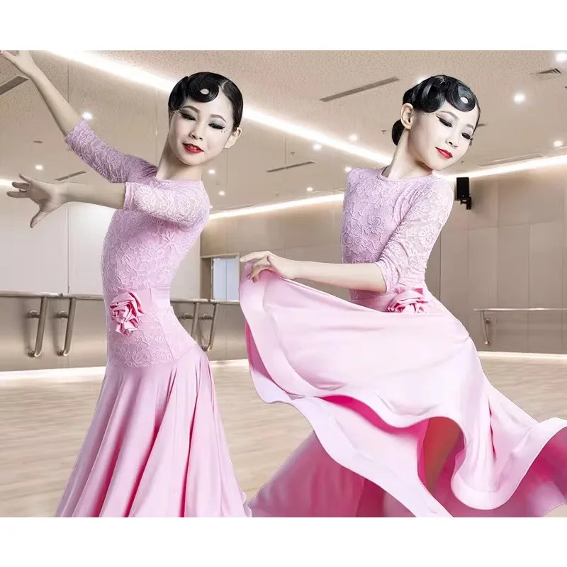 

Pink Standard Ballroom Dance Wear Girls Professional Competition Dress Waltz Stage Costume Tango Dancing Show Clothes