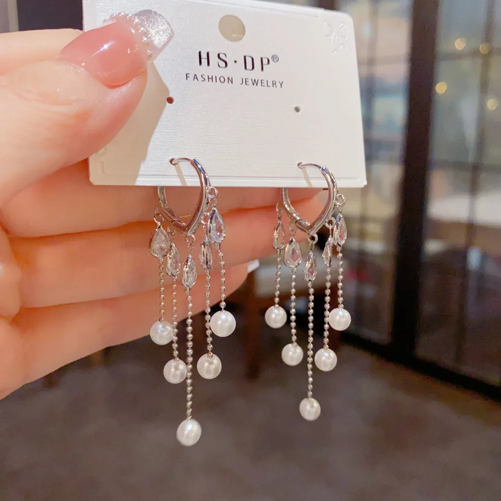 Dazzling Waterdrop Crystal Tassel Drop Earrings Cascading Pearl Beaded Hoop Danglers Romantic Evening Party Jewelry Accessories