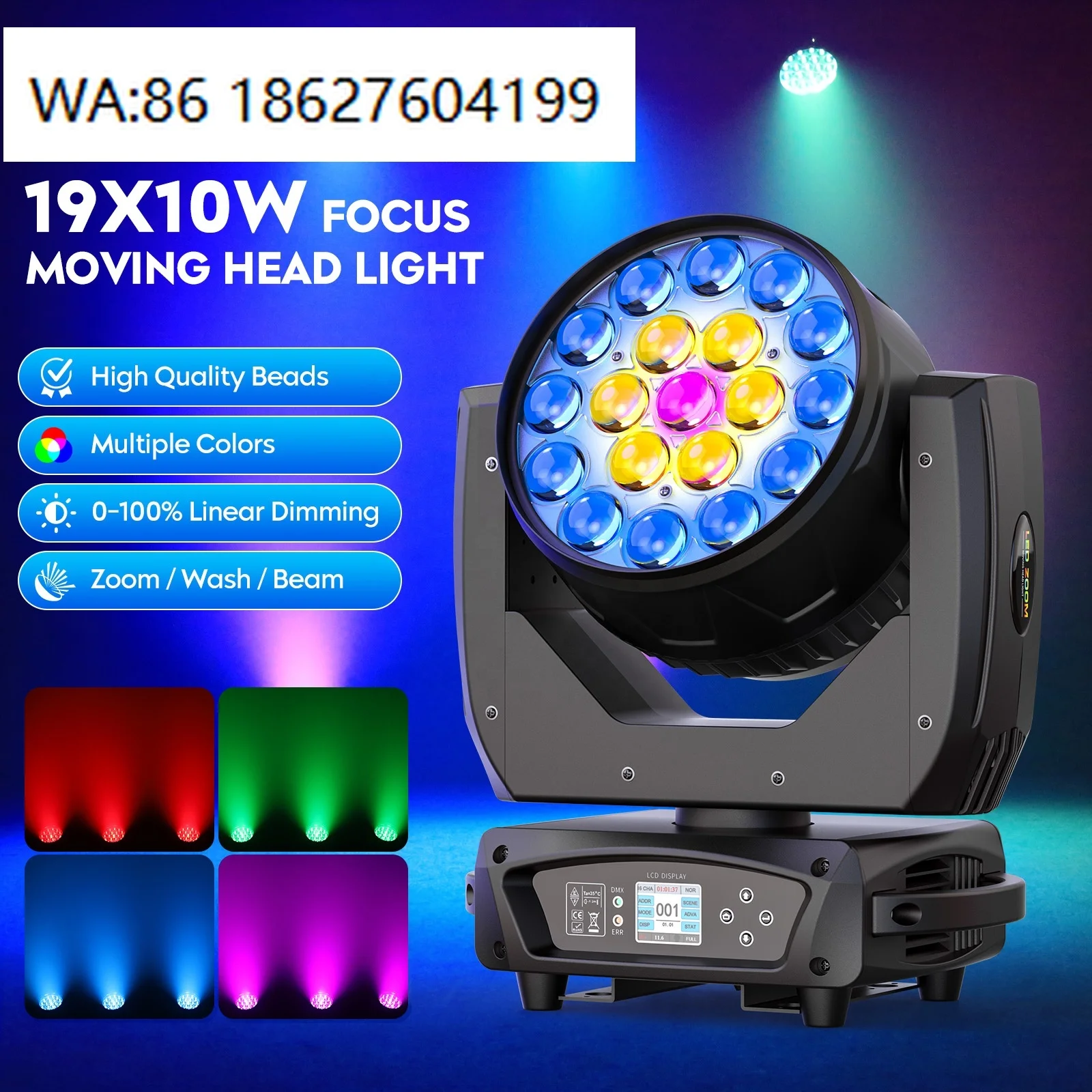 19*10W LED RGBW 4in1 Zoom Wash Beam Moving Head Lamp With Flight Case for DJ  Event Decoration