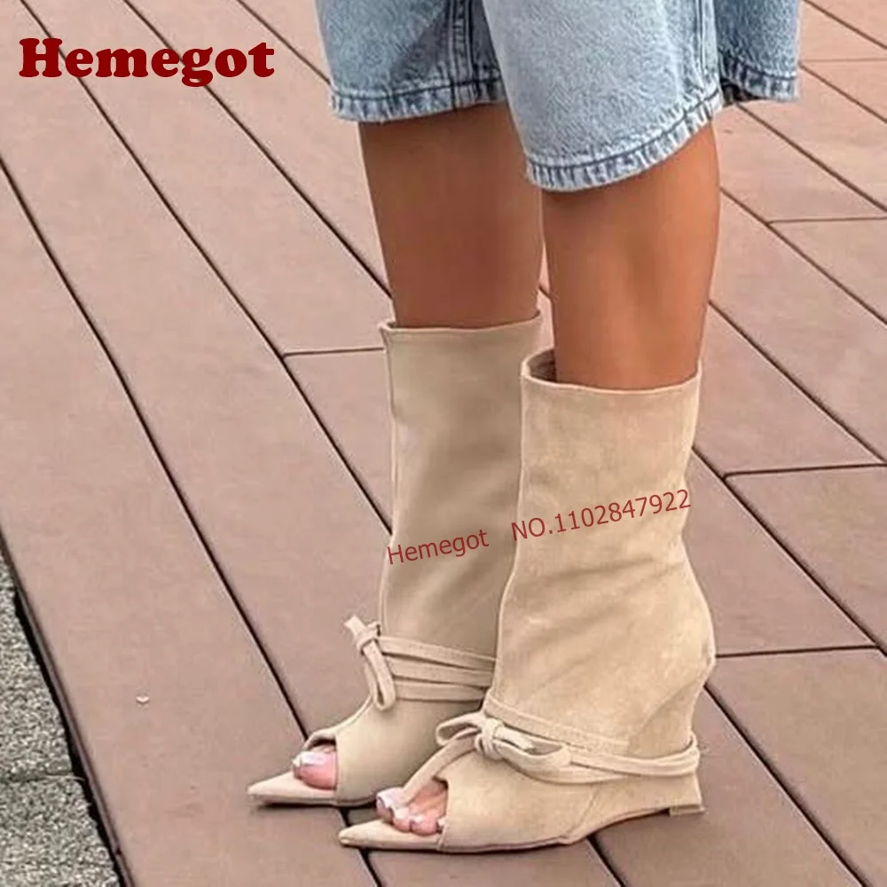 Grey Suede Peep Toe Wedge Ankle Boots Wrap Lace Up Slouch Mid Calf Booties Women Pointed Wedge Heels Splicing Runway Shoes Sexy