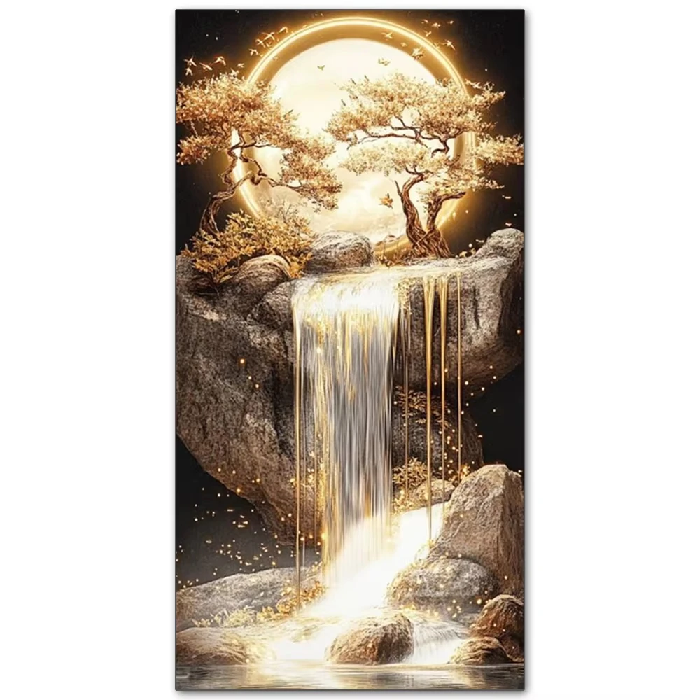 Neuheiten 5D Diamantmalerei Goldener Wasserfall Baum Mond Landschaft Voll-Diamant-Mosaik Stickerei DIY Strass-Kunstbild