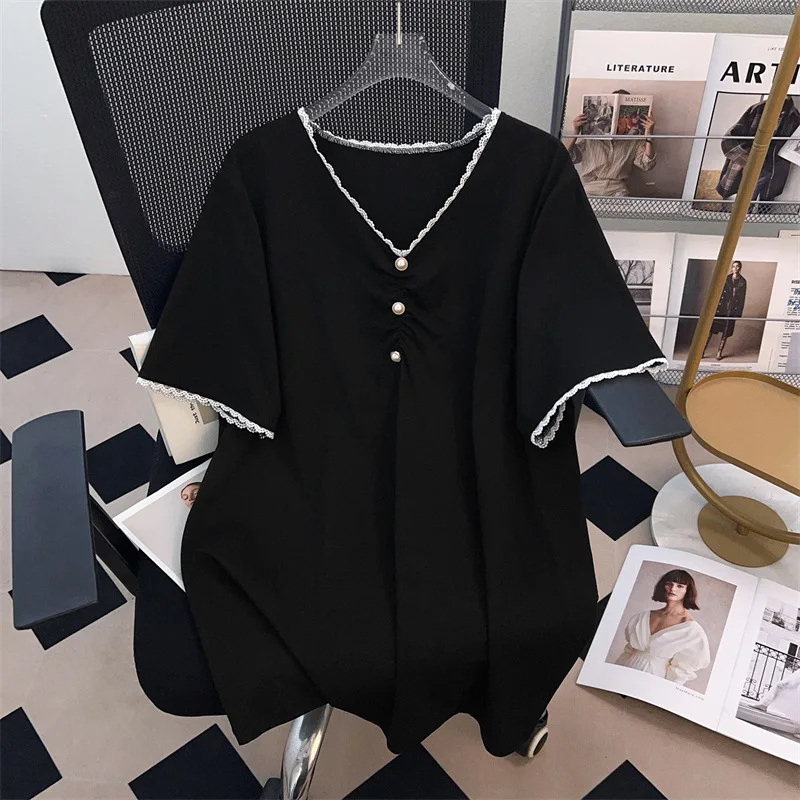 

170Kg Plus Size Women's Bust 170 Summer Loose Medium Long Short Sleeved V-Neck Lace T-Shirt Black 5XL 6XL 7XL 8XL 9XL