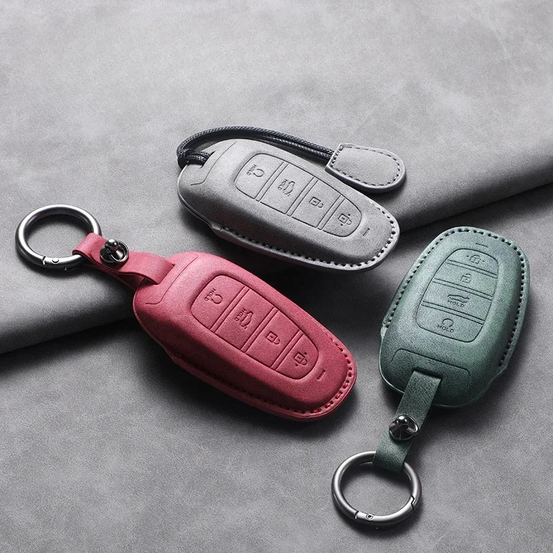 4 Buttons Leather Car Key Holder Case Cover  for Hyundai Tucson Solaris Sonata Hybrid NEXO NX4 Santafe Dn8 Car Key Holder Shell