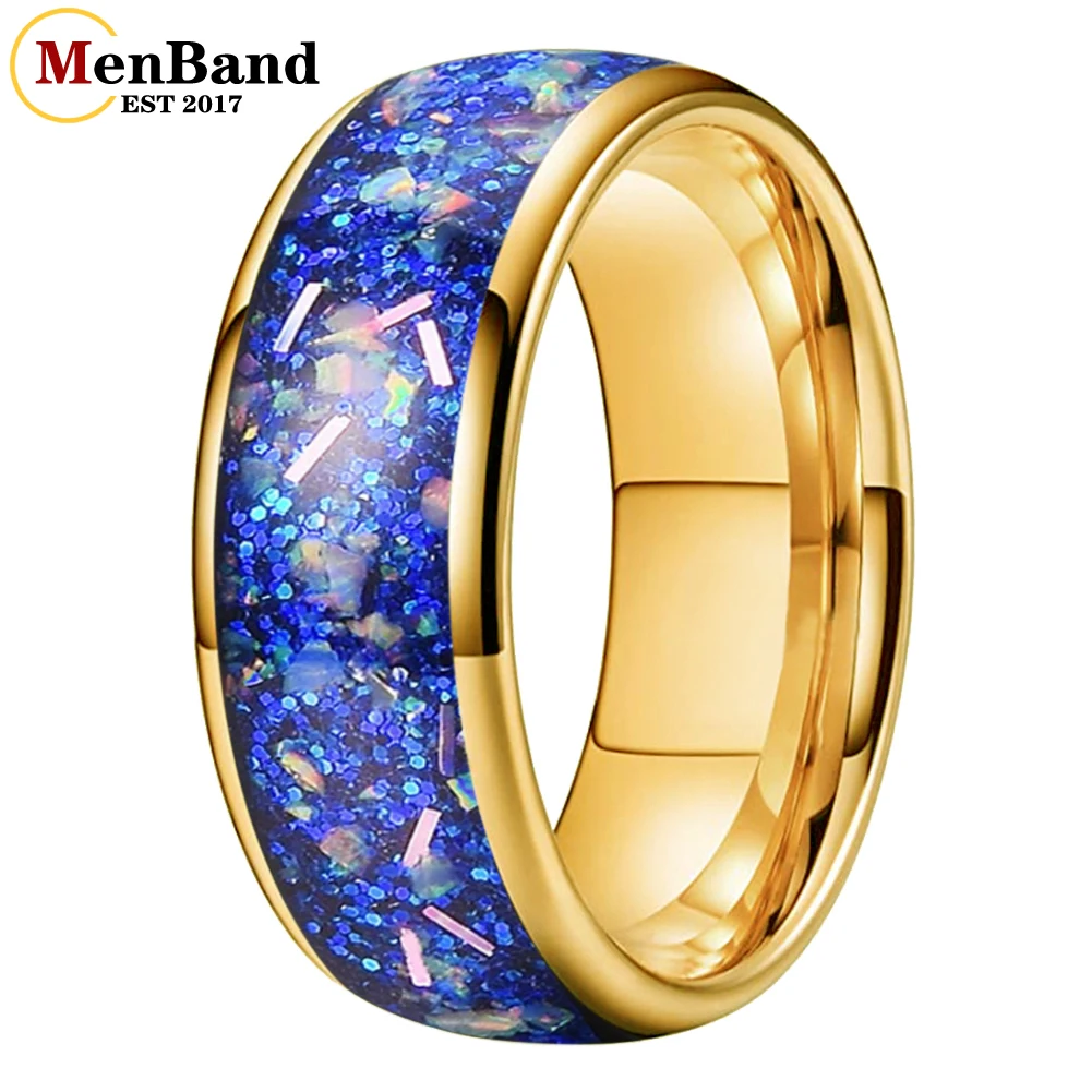 

MenBand 4MM 6MM 8MM True Blue Galaxy Opal Inlaid Dome Polished Gold Tungsten Ring for Men And Women, Engagement And Wedding Ring