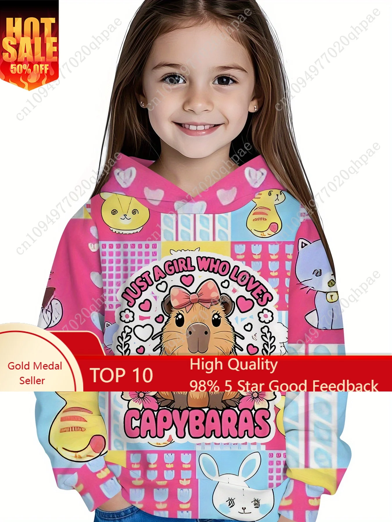 

Girls Clothes Cute Cartoon Capybara Printed Pullover Hoodies Autumn Outdoor Boys Long Sleeve Thin Hooded Sweatshirt Children Top