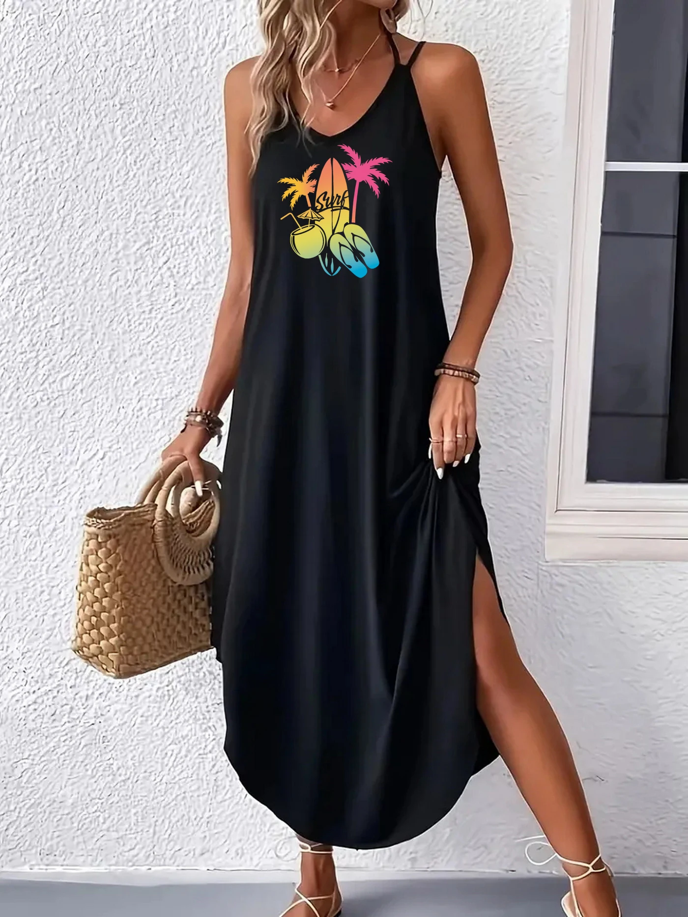 

pattern Print Curvy Hem Cami Dress Sexy Sleeveless Spaghetti Strap Loose Maxi Dress Women's Clothing
