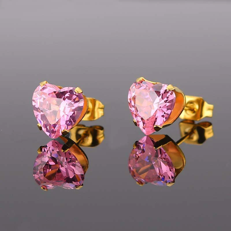 Uelf Fashion Statement bijoux Cute Romantic Stainless Steel pink Crystal love heart Stud Earrings for Women Wedding Earring