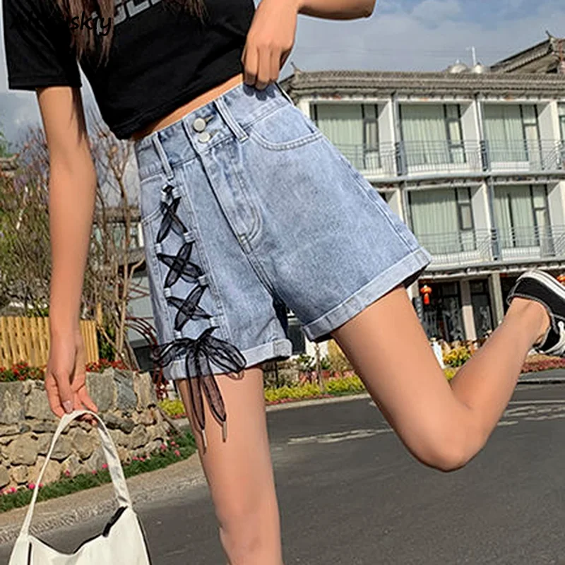 Pantaloncini Donna Nastri alla moda Vita alta Addome Chic Studente Estate Streetwear Harajuku All-match Elegante quotidiano Mujer Denim