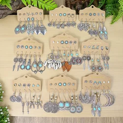 54 Pairs Of Boho Ethnic Style Earrings Ear Stud Combination Set Silver Color Geometric Turquoise Inlaid Party Decor Gifts