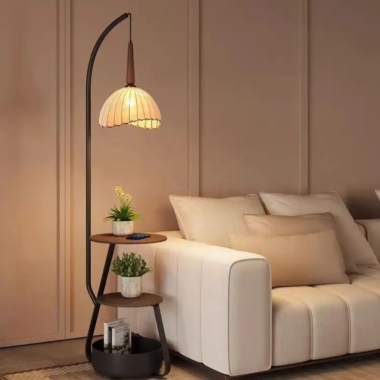 retro style living room sofa, next to the atmosphere coffee table lamp, bedroom bedside table integrated, advanced floor lamp
