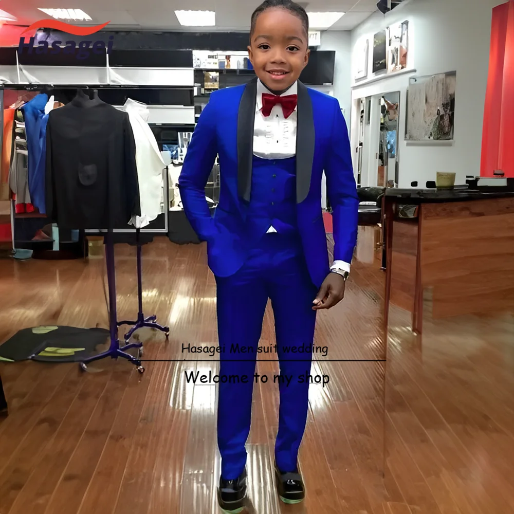 Formal Royal Blue Boys Suit 3 Piece Wedding Kids Tuxedo Green Fruit Collar Design Party Teen Clothes