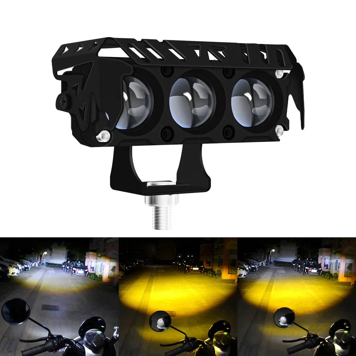 1 SZT. Motocyklowy Reflektor LED z 3 Soczewkami, Super Jasny, Dwukolorowy, Światła Drogowe/Mijania, Światła do Jazdy Dziennej (DRL), Dodatkowa Lampa Przeciwmgielna do Motocykli — zdjęcie 2