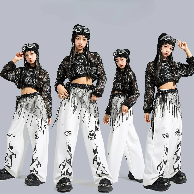

Комплект одежды для джазовых танцев Kpop для девочек, крутые черные сетчатые топы, белые брюки, наряды для уличных танцев, групповая сценическая одежда, костюм для выступлений