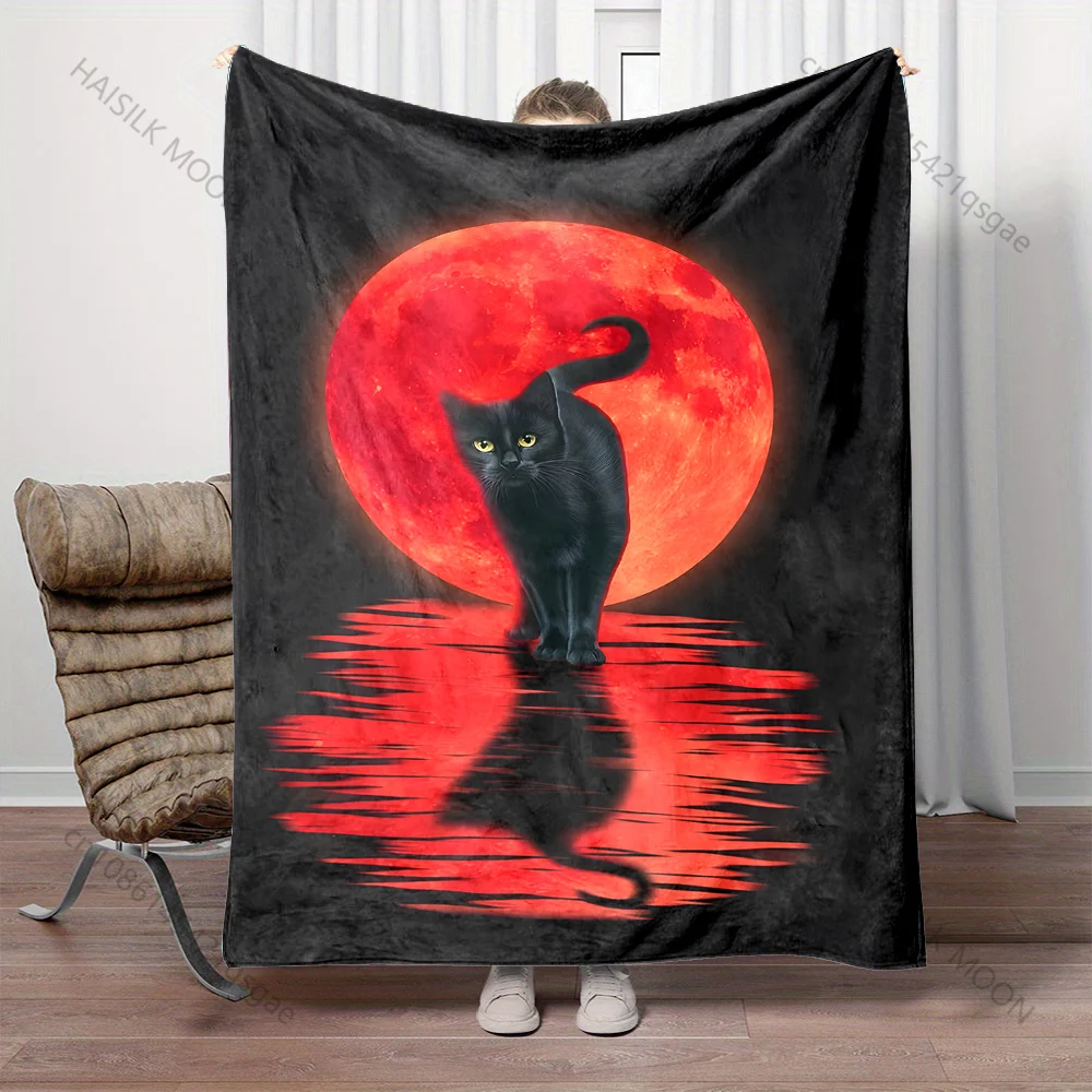 1PC Black cat red moon reflection Print Blanket Warm Soft Fluffy Kids and Adult Sofa Bed Throw Blanket for Home Travel Camping