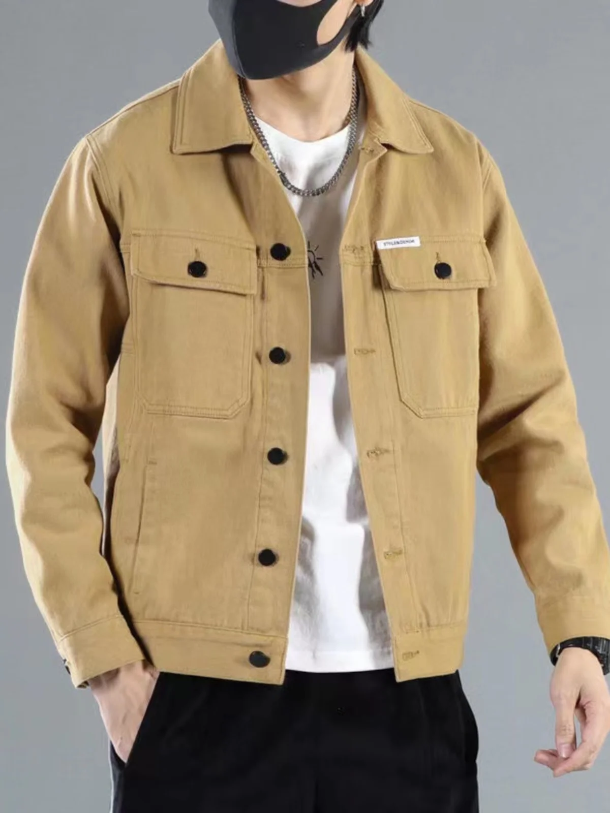 

American Casual Color Workwear Denim Jaet Men Trendy Loose Versatile Jaet Multi-ket Design Khaki Top