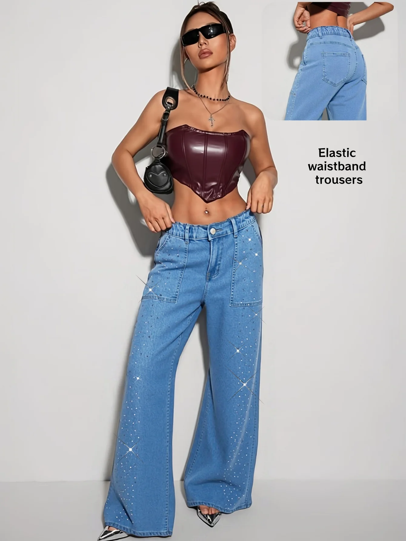 

Elegant Women's High Waist Wide Leg Denim Trousers Crystal Decorated Casual Streetwear Comfortable Elastic Waistband