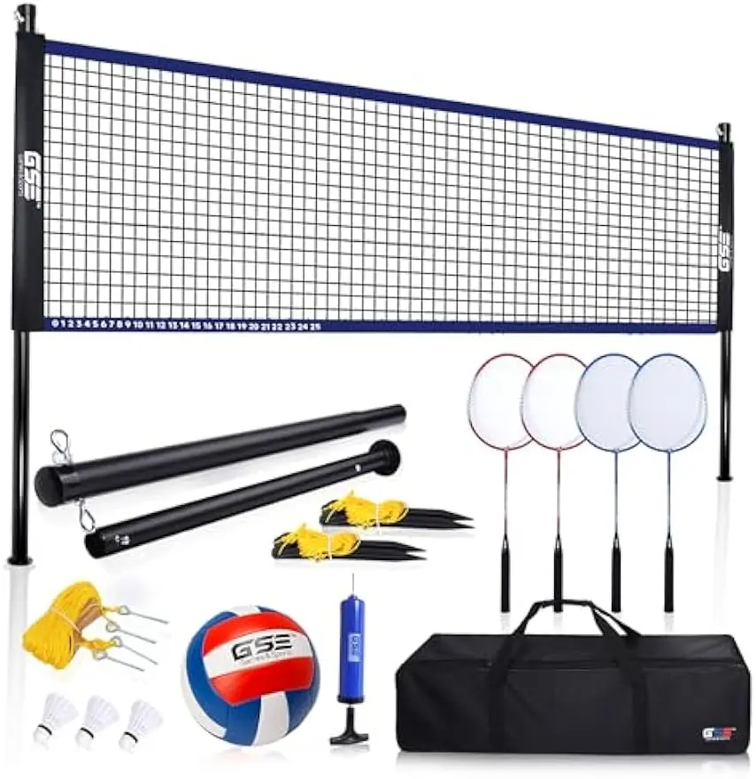 Outdoor Volleyball & Badminton Combo Set for Backyard, Park, Beach - Includes Net, Poles, Racquets