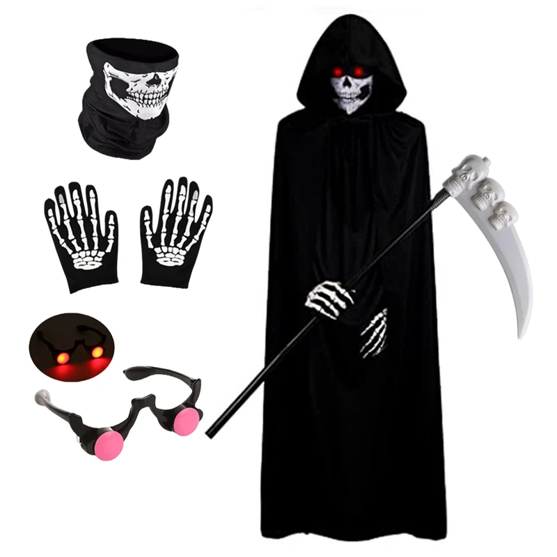 Halloween Kids Red Eyes with Hooded Cape and Scythe Props Scary Grim Reaper Kids Mask Gloves Costume Easter Rave Robe
