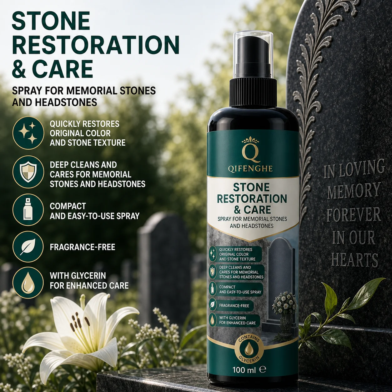 QIFENGHE Tombstone Stone Care Spray 100ml, Memorial Headstone Cleaner Restorer, Restore Original Color & Texture for Granite Sto