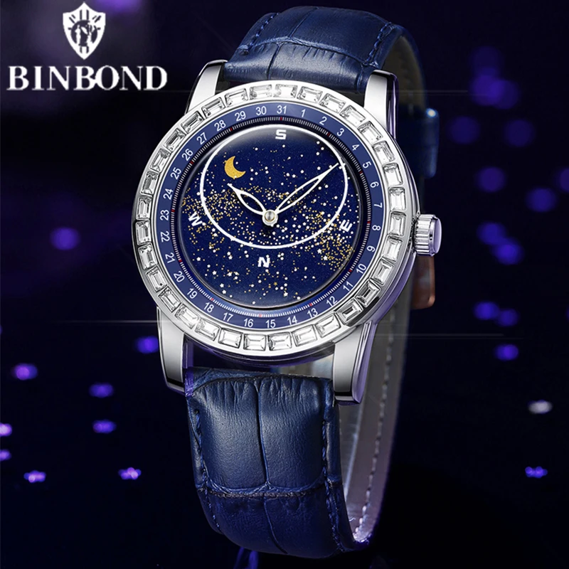 BINBOND Brand Rotating All Over The Sky Empty Diamond Men Watches Fashion Business Sun Moon Stars Waterproof Luminous Men Watch