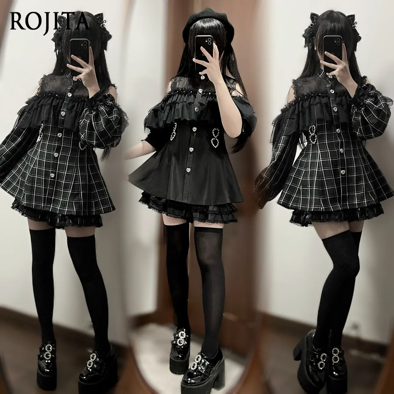 

Mass-produced Japanese-style Lace Dress Set with Off-shoulder Cape and Long Sleeves Dress + Shorts 2-piece Set for Women