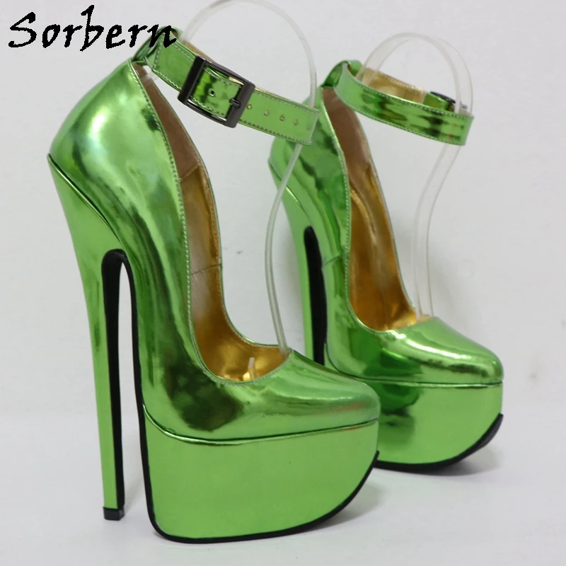 Sorbern Metallic Green Women Pump Shoes Sissy Boy 8 Inch High Heel Stilettos Ankle Strap Pointed Toe Shoes Custom