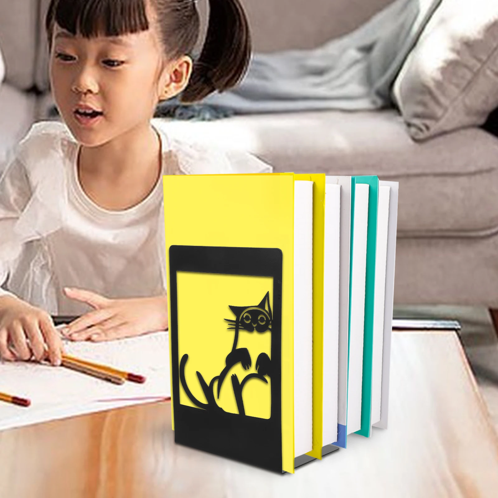 

2pcs Iron Cat Bookend Sturdy Metal Holder for Shelf Desk Organizing Black Color Office Decor Unique Bookends Heavy Duty