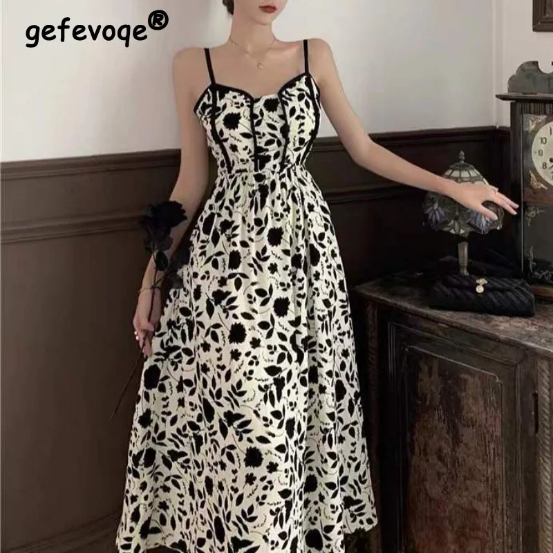 

Women Vintage Floral Spaghetti Straps Elegant Long Dress Summer French Fashion Temperament Party Sexy V-neck Slim Female Vestido